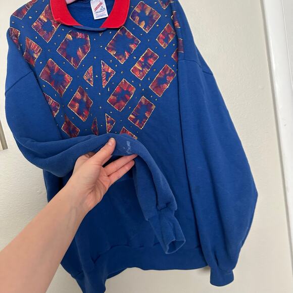 Vintage 90s JERZEES Mens XL Blue Red Collared Oversized Dropsleeve Retro Sweater - Picture 3 of 5